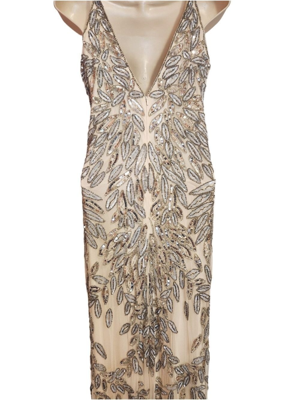 Mac Duggal Silver Gold Beaded Leaf Sequin Illusion V-Neck Gown Dress Size 10 - Picture 5 of 10